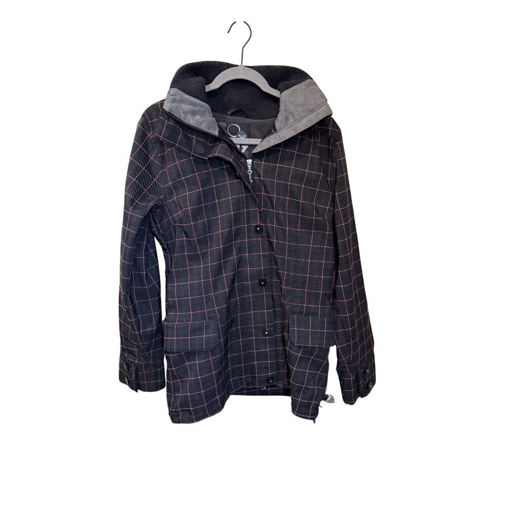 Roxy Womens Ski Snowboard CoatBlack & Pink Plaid HoodednPockets Size Small